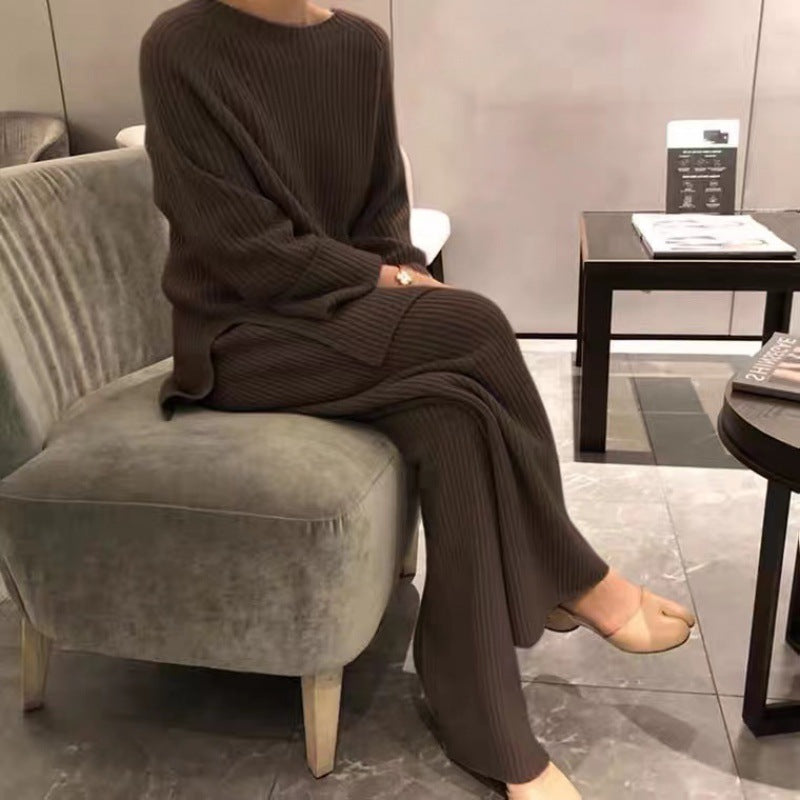 Amélia — Ensemble en maille à pantalon large — Marron
