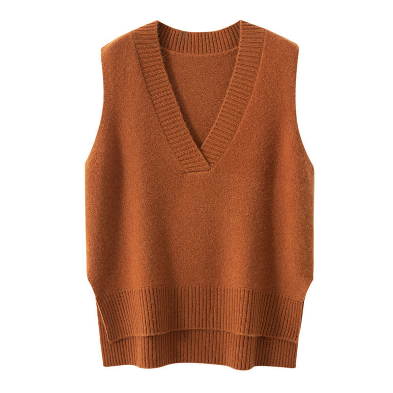 Lison — Pull sans manches à col V et bas fendu — Caramel