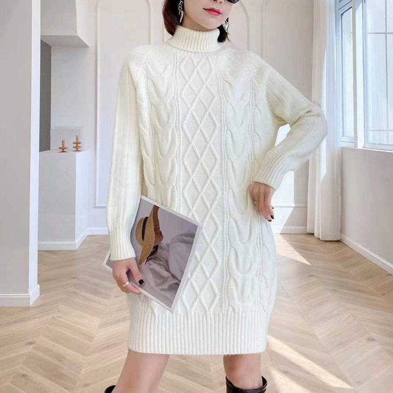 Ninon — Pull tunique à col montant et torsades — Blanc cassé