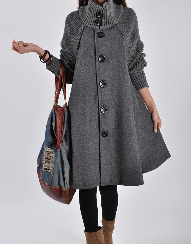 Suzanne — Manteau évasé à col et poignets côtelés — Gris