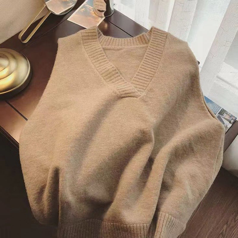 Lison — Pull sans manches à col V et bas fendu — Camel