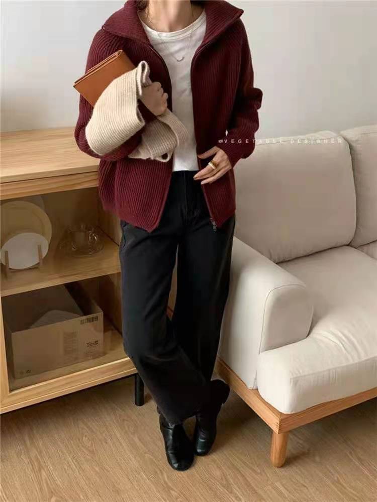 Estelle — Cardigan côtelé zippé à col montant — Rouge