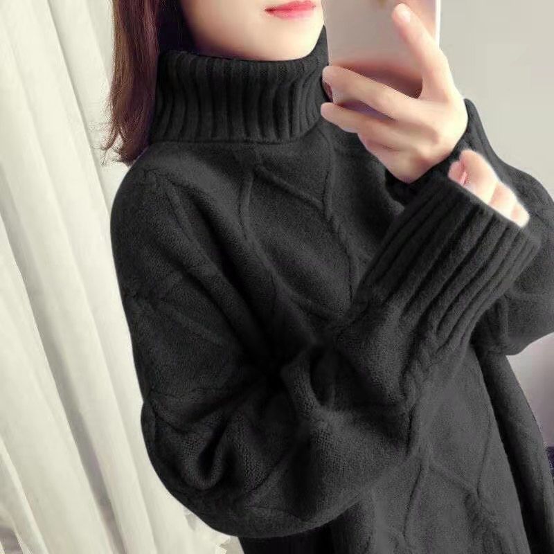 Noémie — Pull à col roulé et torsades losanges — Noir