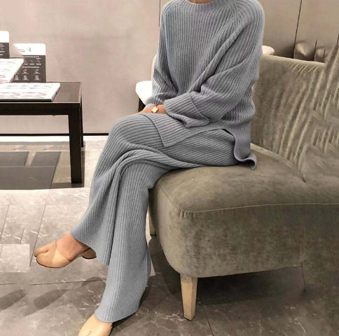 Amélia — Ensemble en maille à pantalon large — Gris