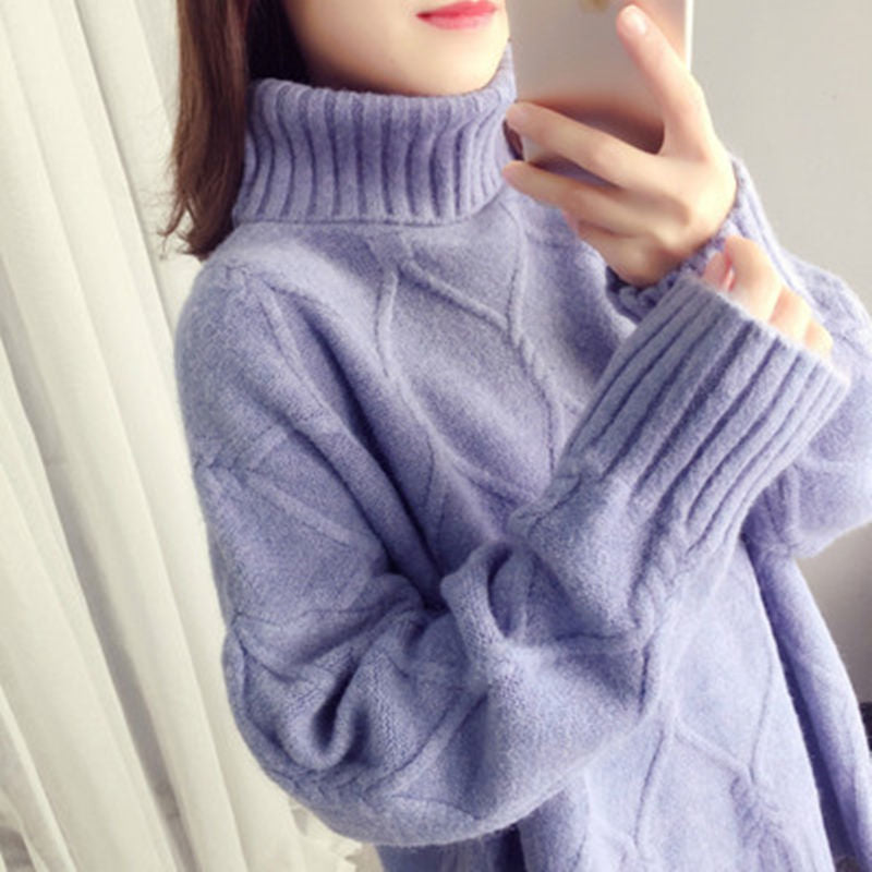 Noémie — Pull à col roulé et torsades losanges — Violet
