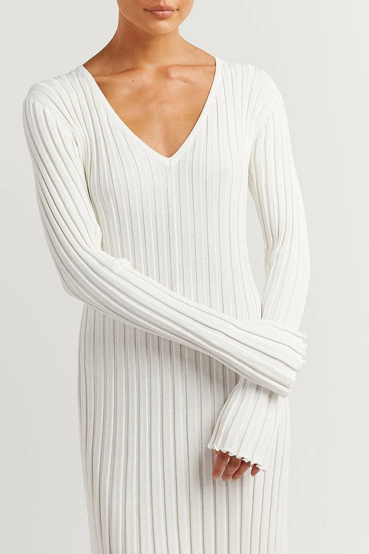 Élise — Robe longue côtelée à col rond ou en V — Blanc — col V