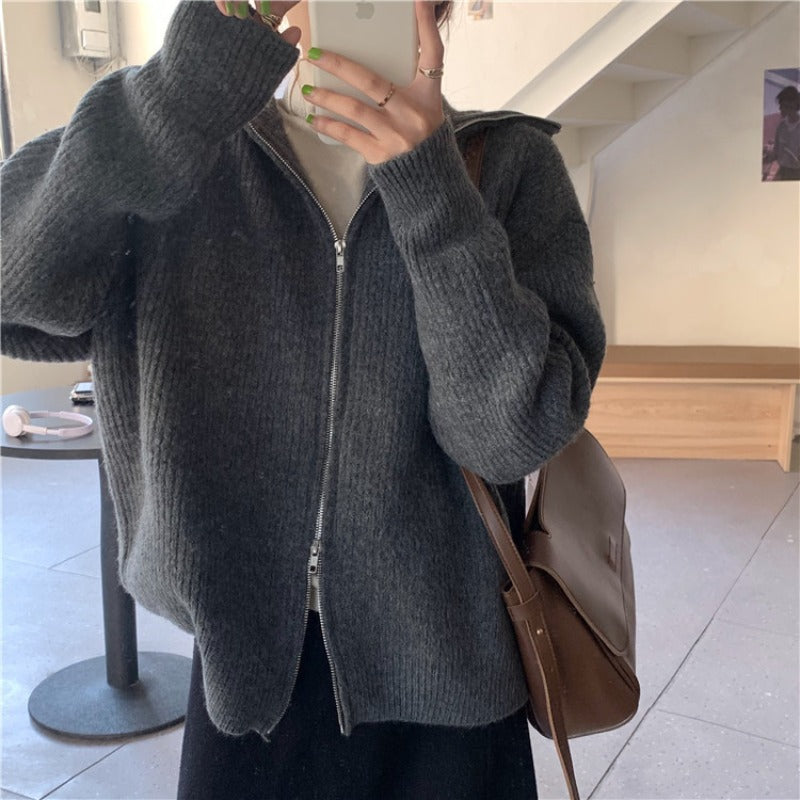 Estelle — Cardigan côtelé zippé à col montant — Gris