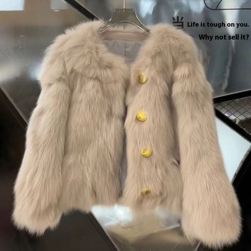 Violette — Veste courte effet fourrure à boutons dorés — Beige abricot — renforcé / Beige abricot — classique