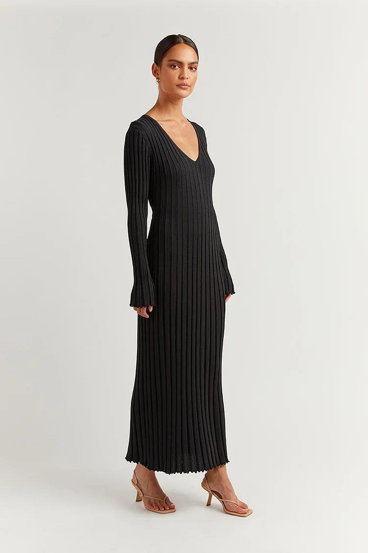 Élise — Robe longue côtelée à col rond ou en V — Noir — col V