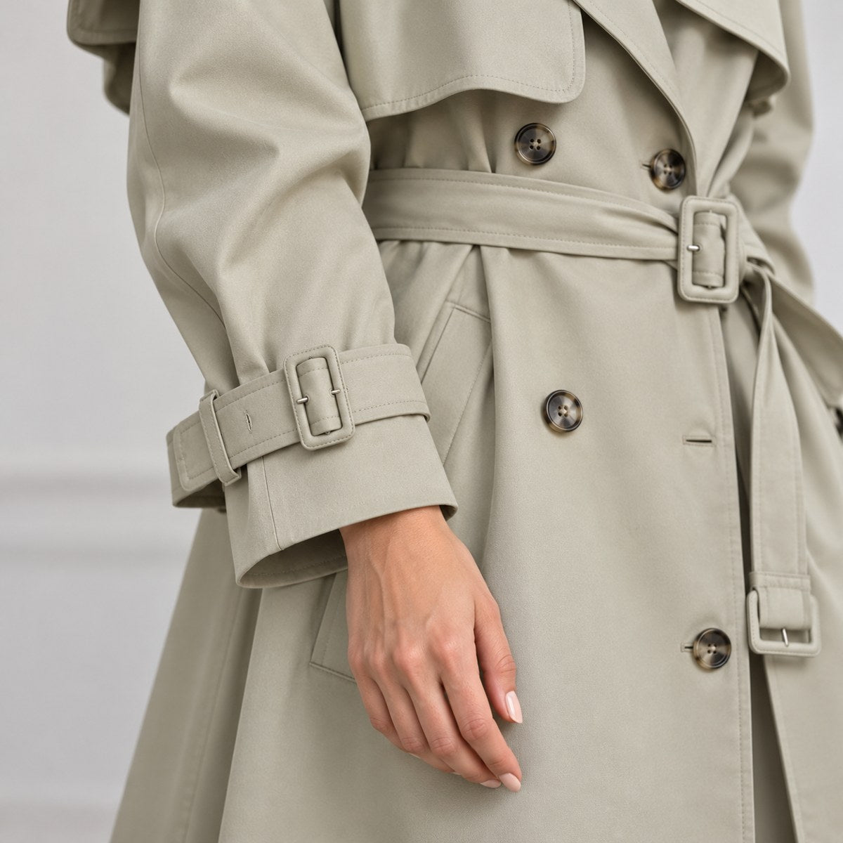 Pauline — Trench long à ceinture et pattes d’épaule — vue du modèle