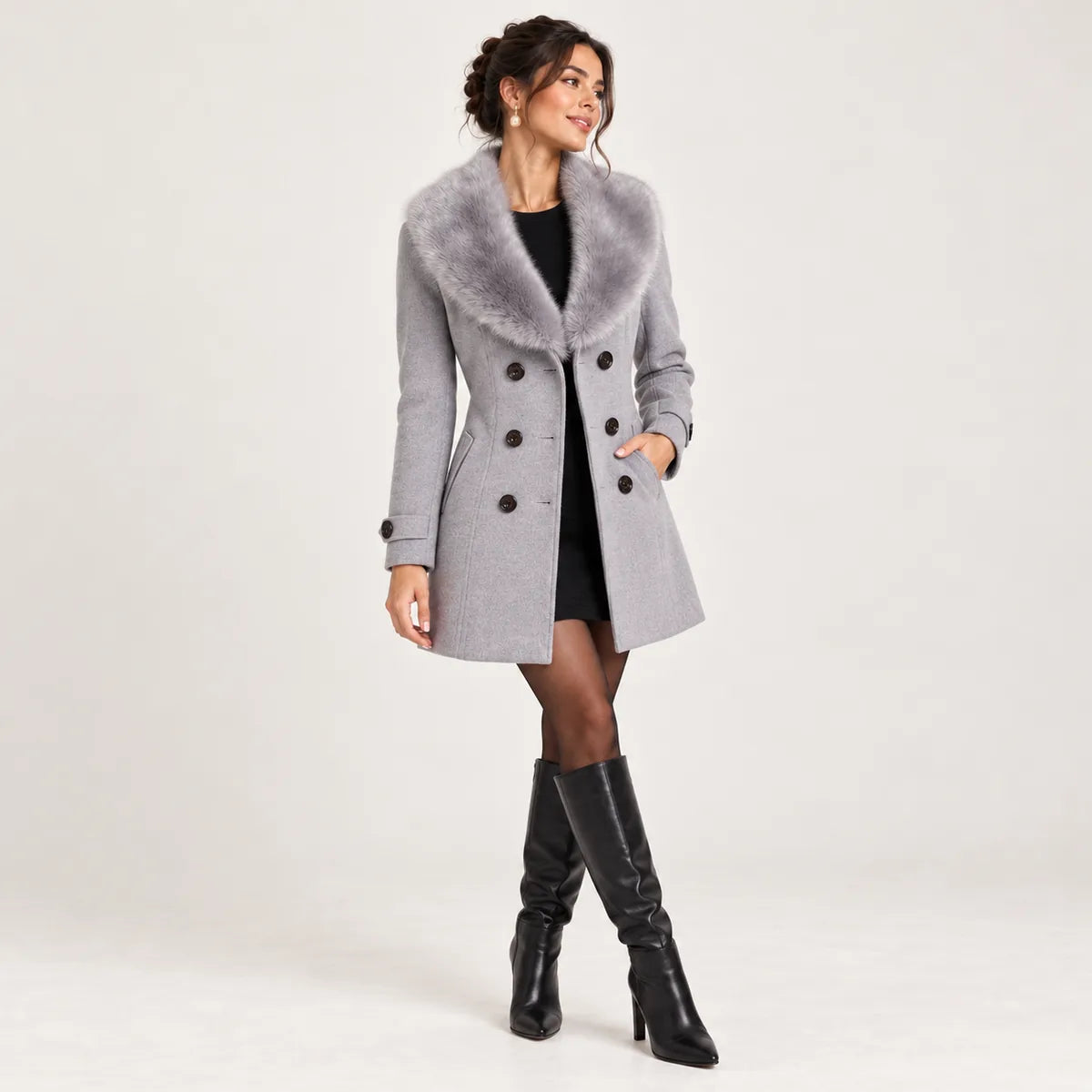 Adèle — Manteau cintré à col effet fourrure — Gris — col châle