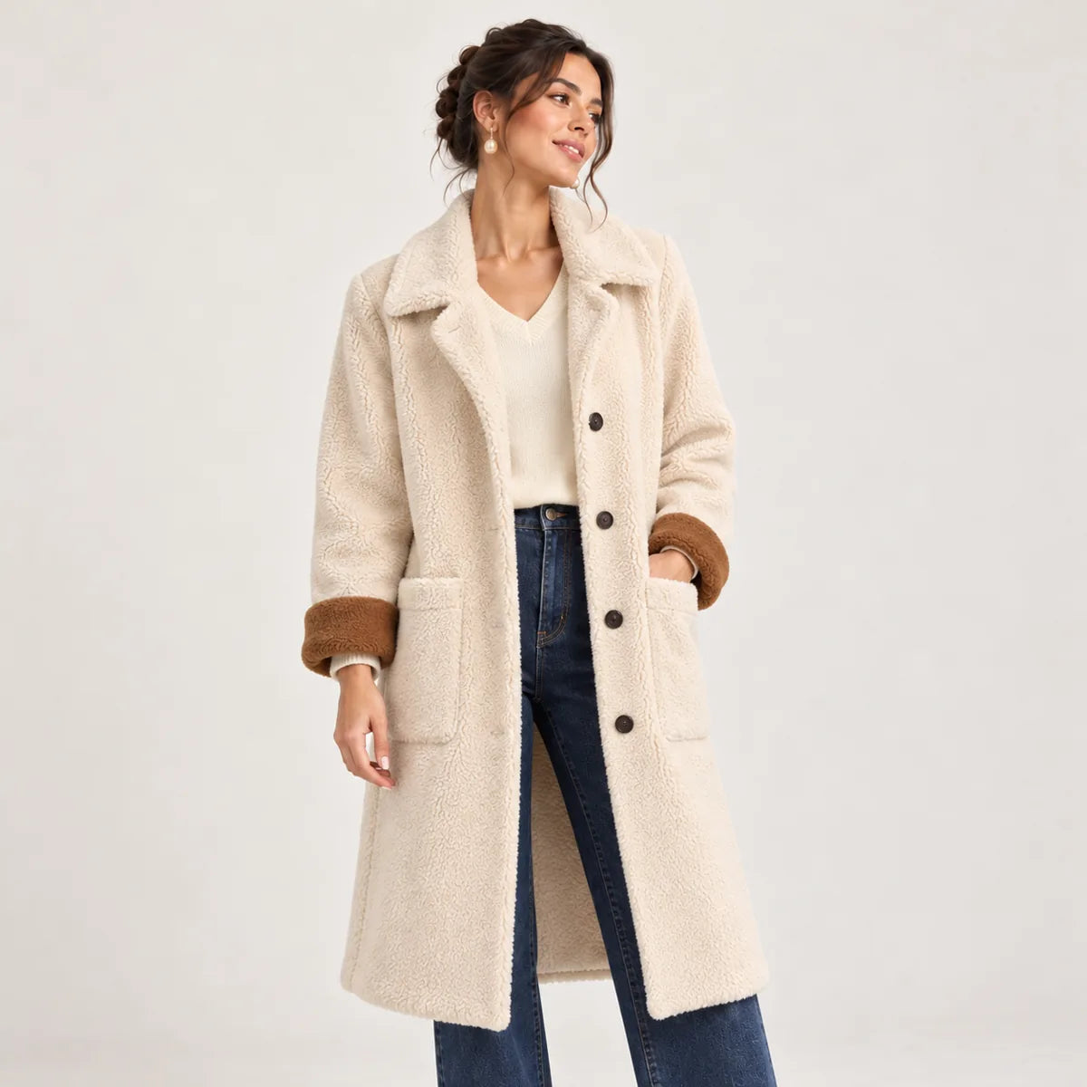 Albane — manteau long côté écru bouclette
