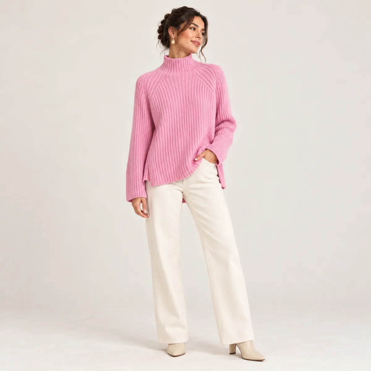 Anaïs — Pull côtelé à col cheminée — Rose vif