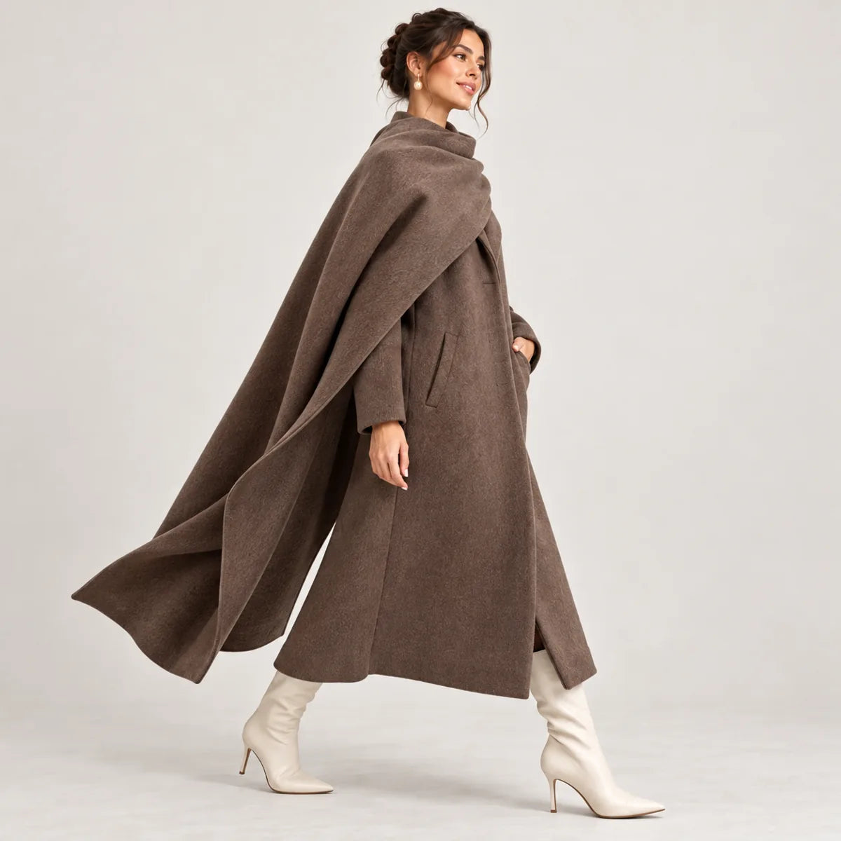 Apolline — manteau long à col cape, brun, vue brun