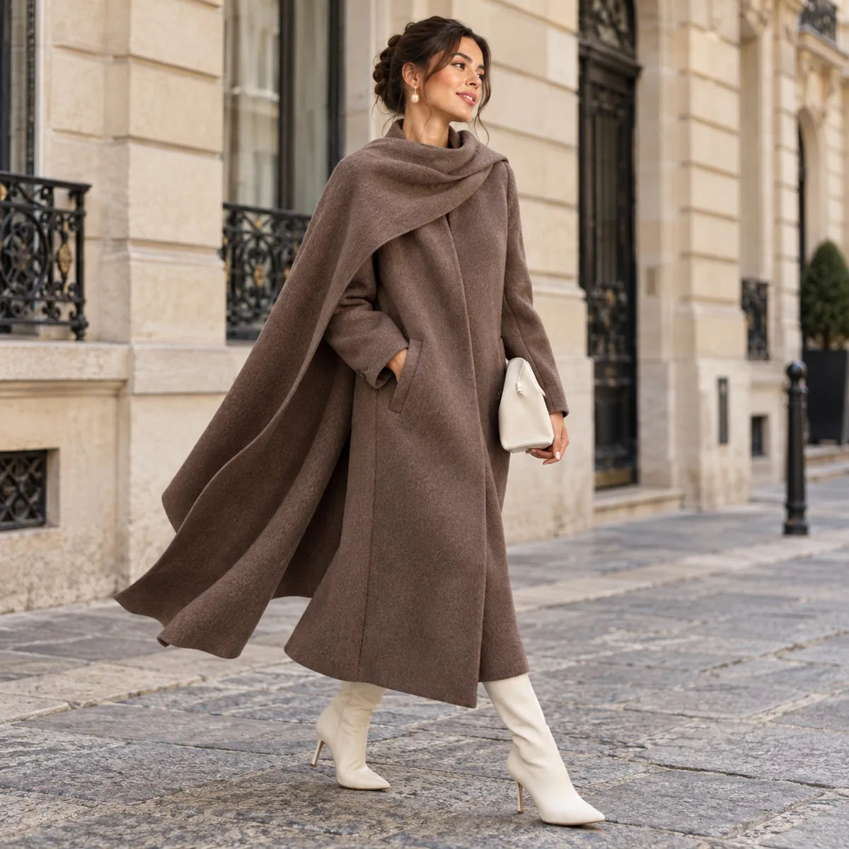 Apolline brun — manteau long à col cape en mouvement dans Paris