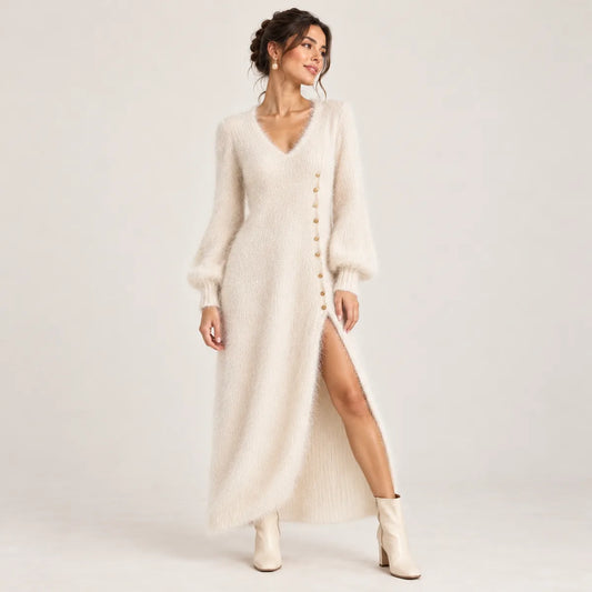 Aurélie — robe longue en maille duveteuse, ivoire, vue de face