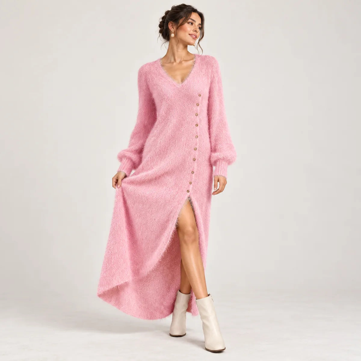 Aurélie — robe longue en maille duveteuse, rose, vue de face