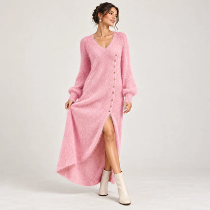Aurélie — robe longue en maille duveteuse, rose, vue de face