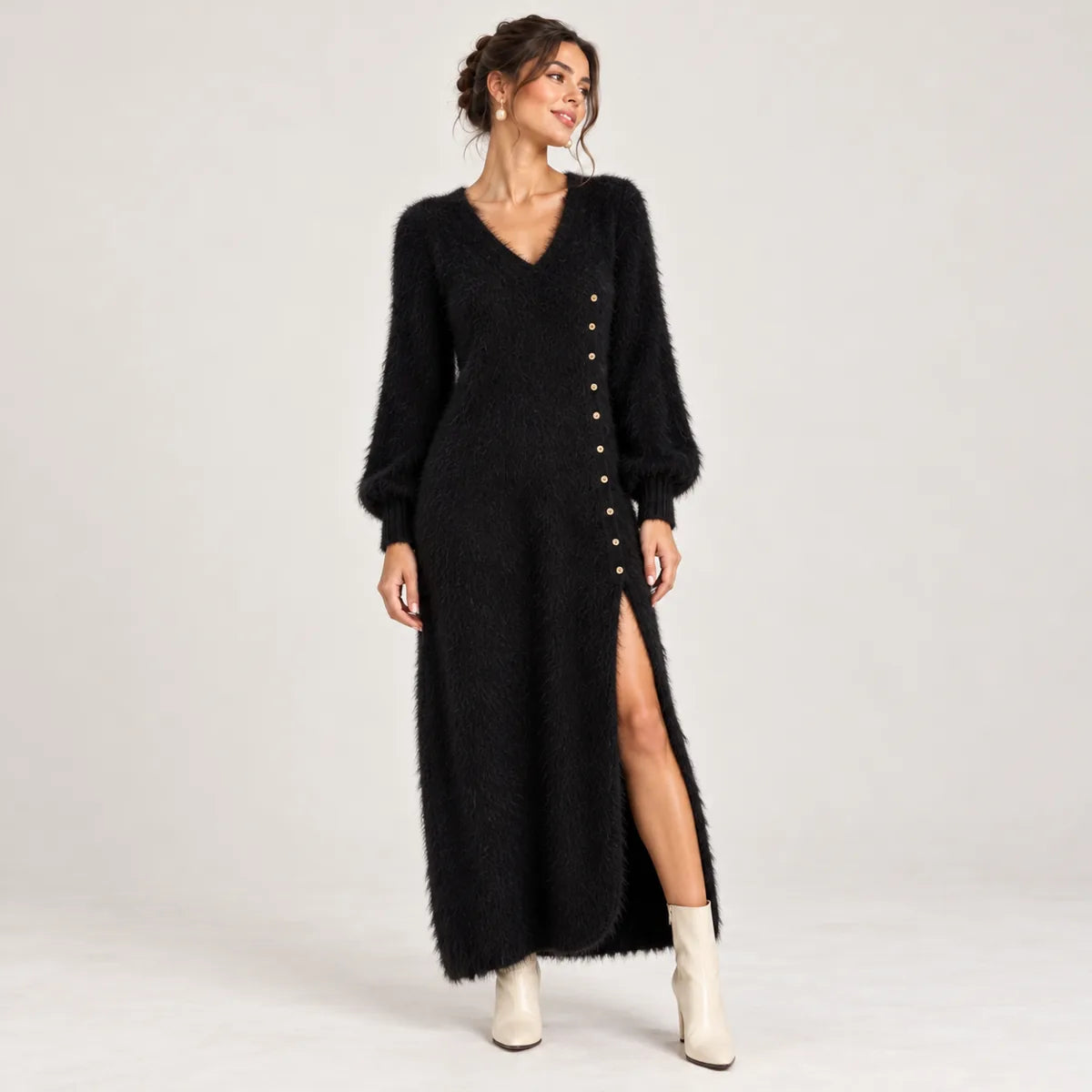 Aurélie — robe longue en maille duveteuse, noir, vue de face