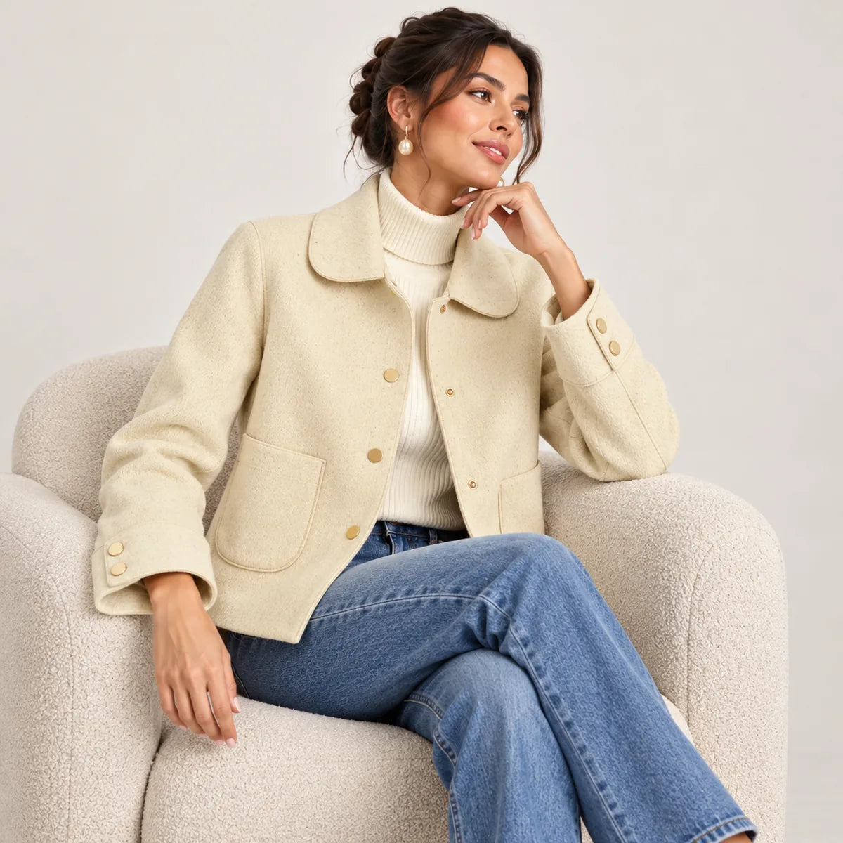 Céleste — Veste courte à boutons dorés — détail et finition