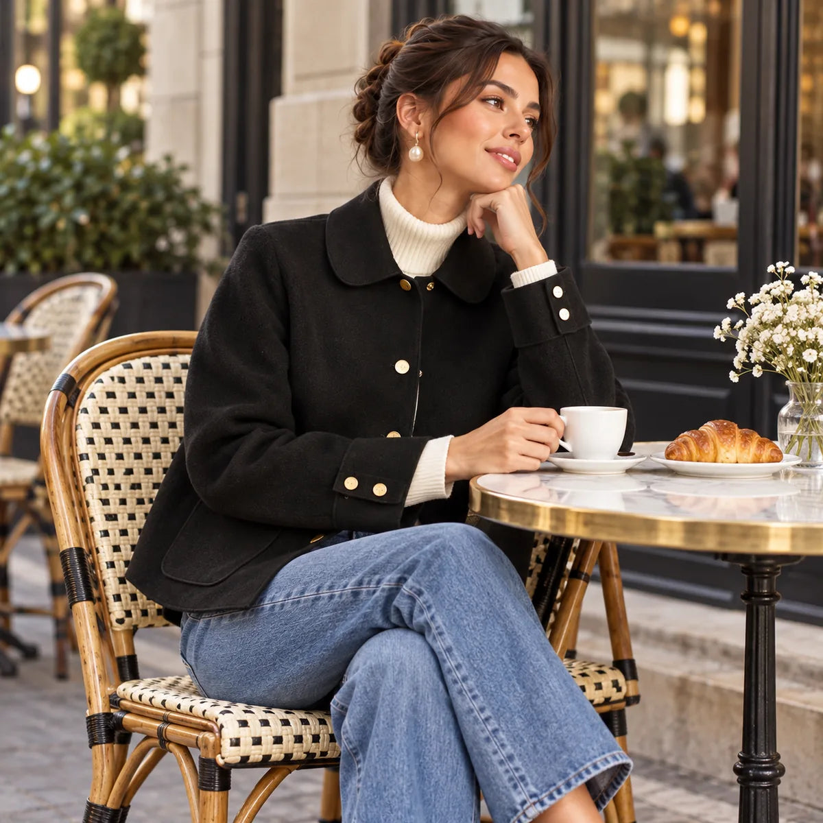 Céleste — Veste courte à boutons dorés — mise en situation à Paris