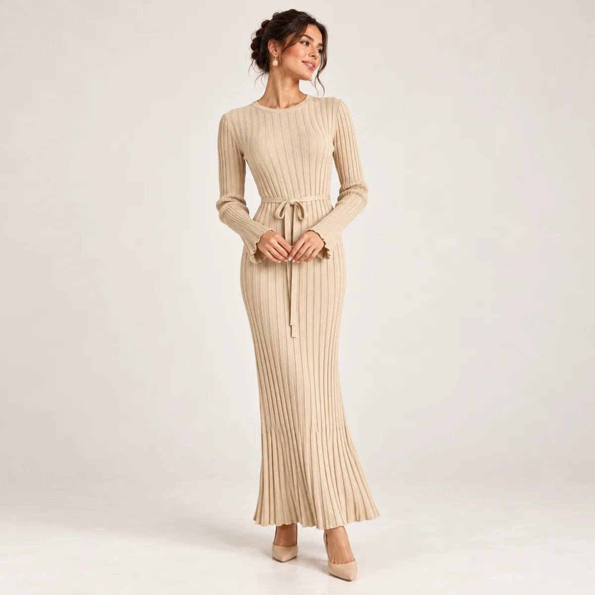 Charlotte — Robe longue côtelée à taille nouée — Écru