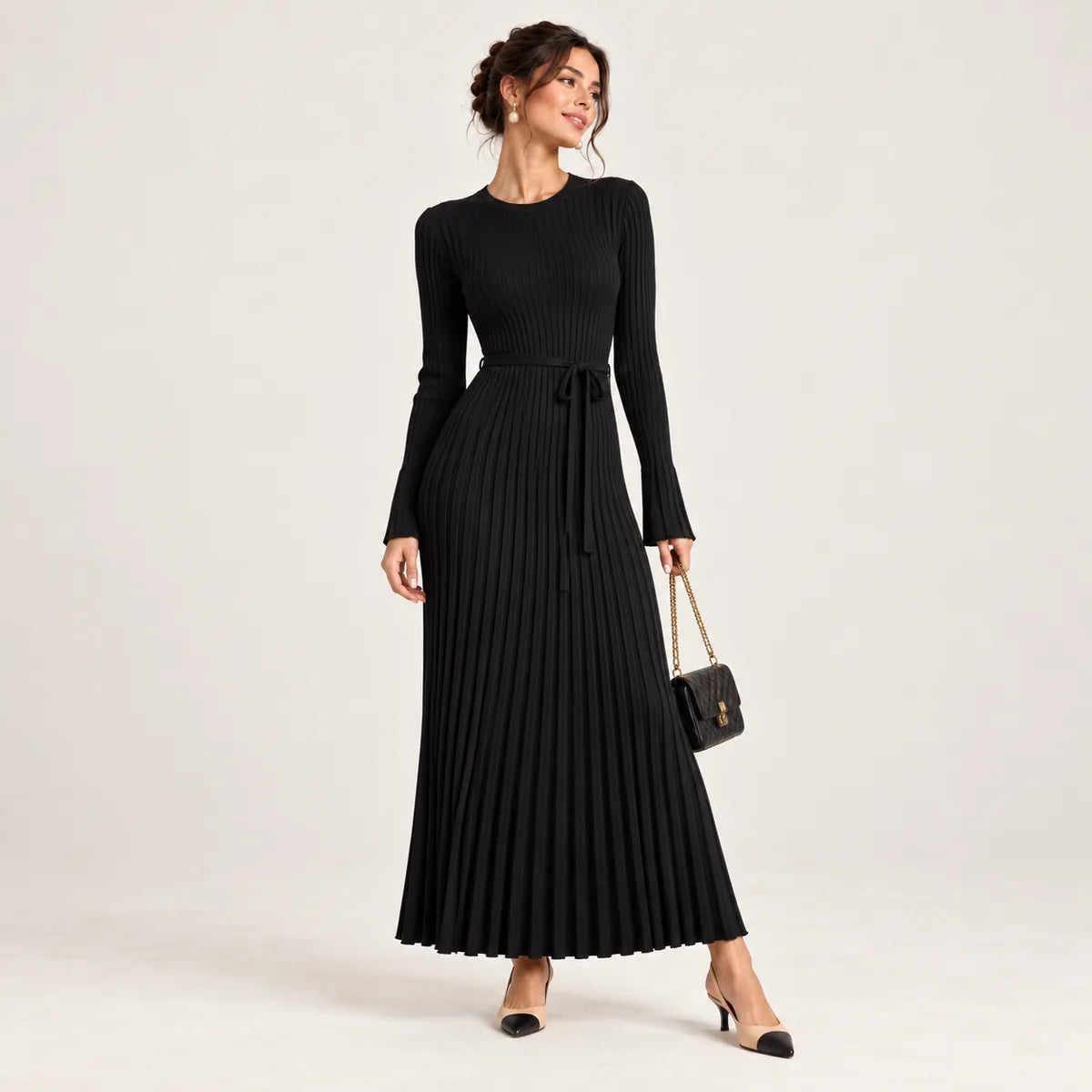 Charlotte — Robe longue côtelée à taille nouée — Noir
