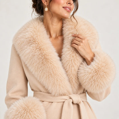 Clémence — détails du col enveloppant et des poignets camel