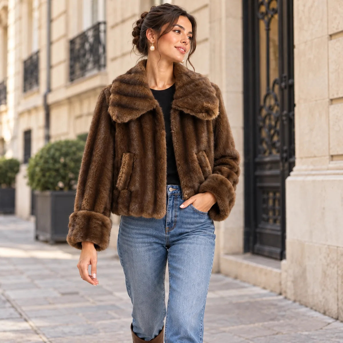 Colette — veste marron portée en ville
