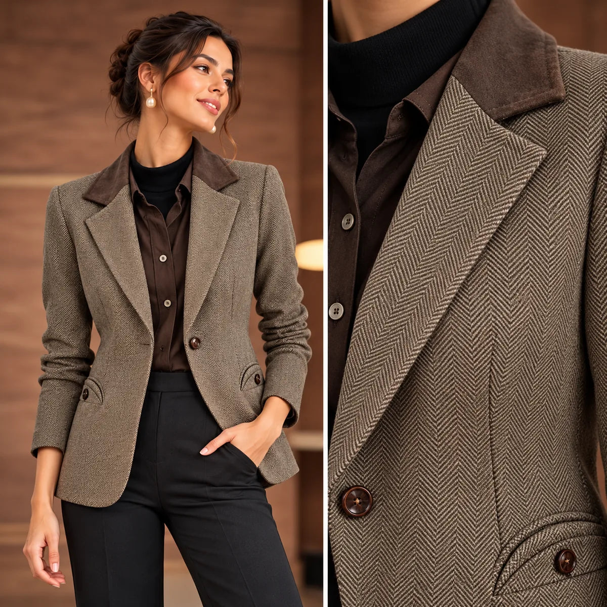 Constance — Blazer ajusté à motif chevrons — détail et finition