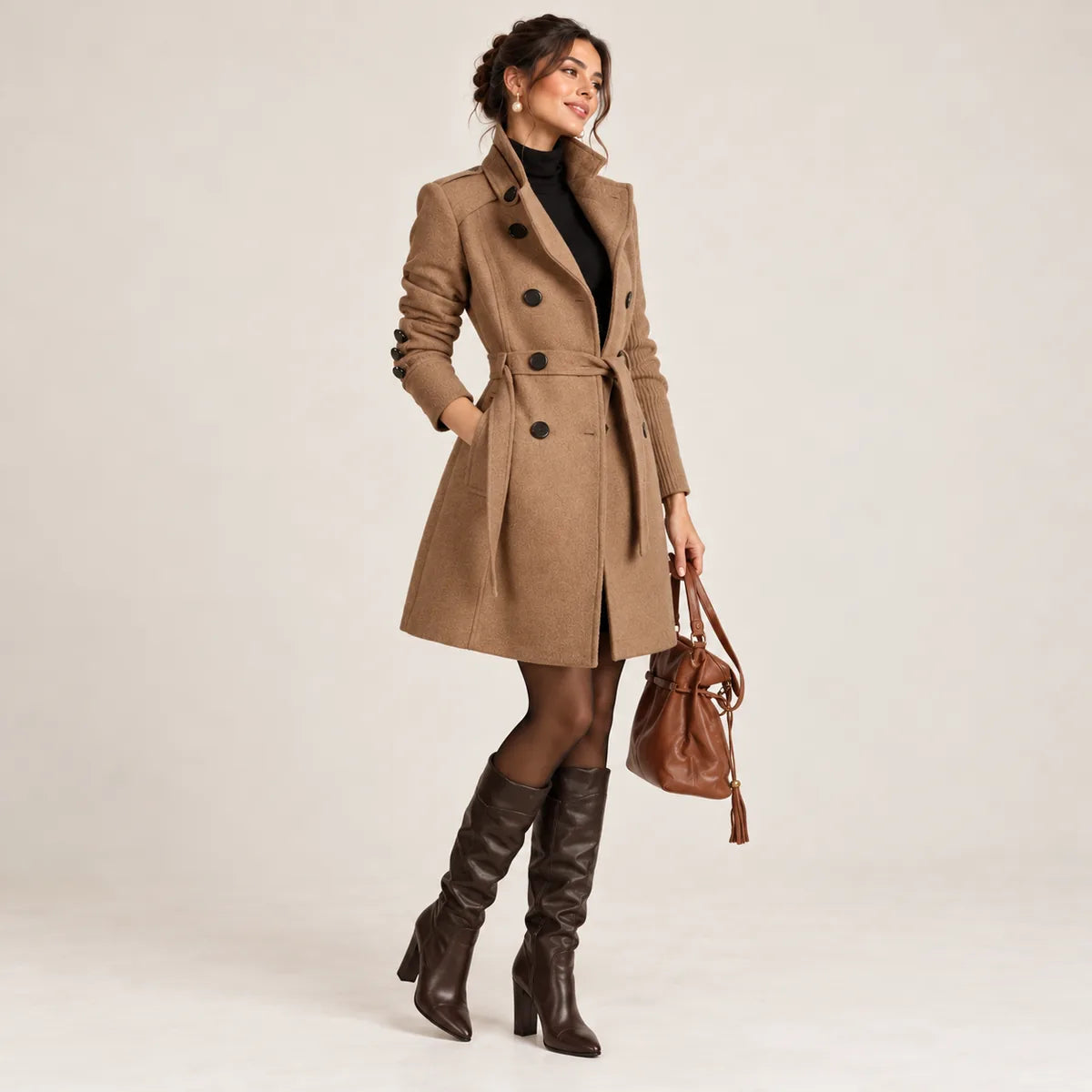 Diane — Manteau ajusté à ceinture — Marron
