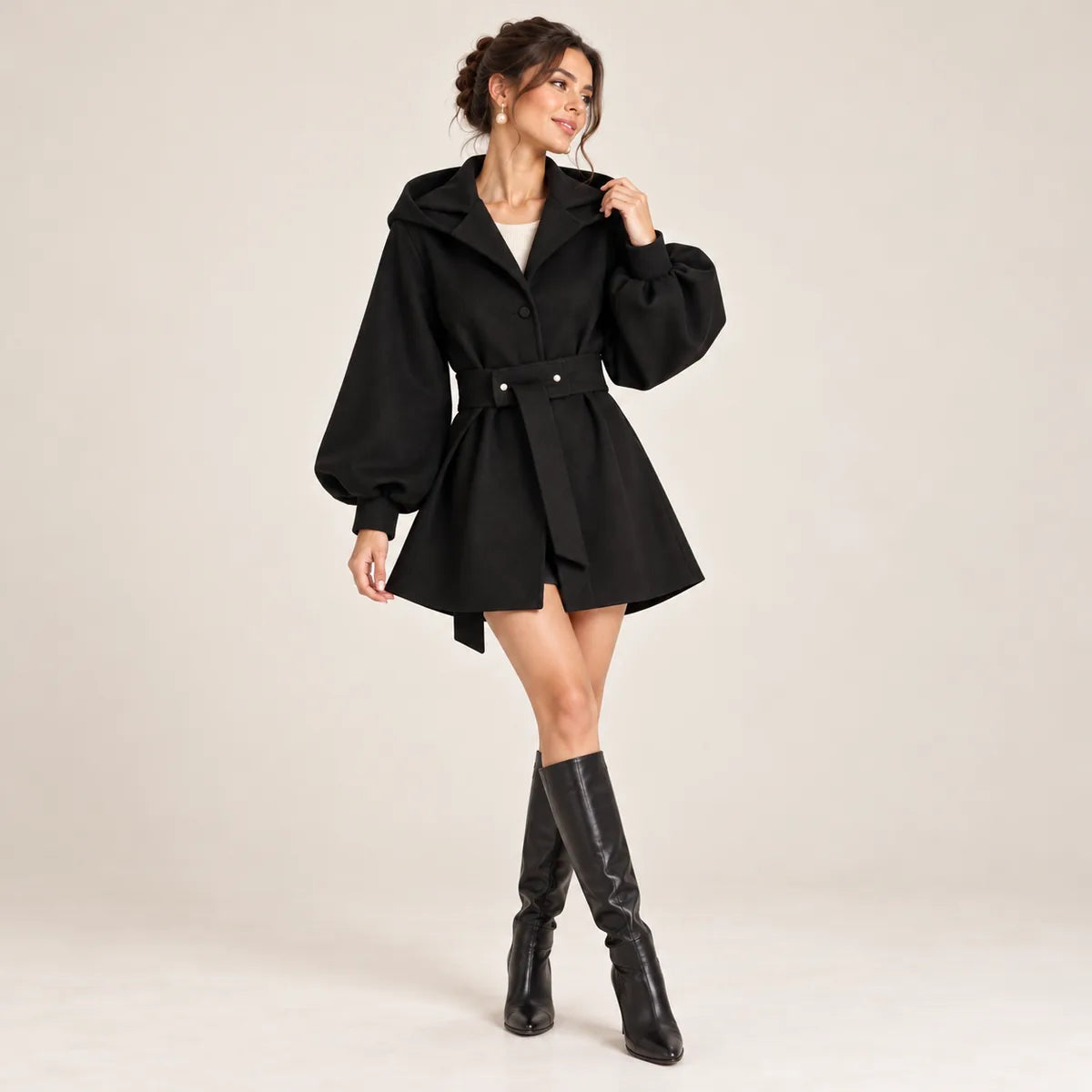 Édith — Manteau court à capuche et ceinture — Noir — classique