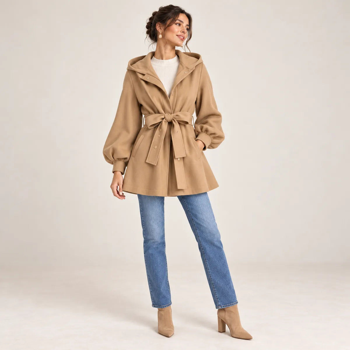 Édith — Manteau court à capuche et ceinture — Camel — matelassé