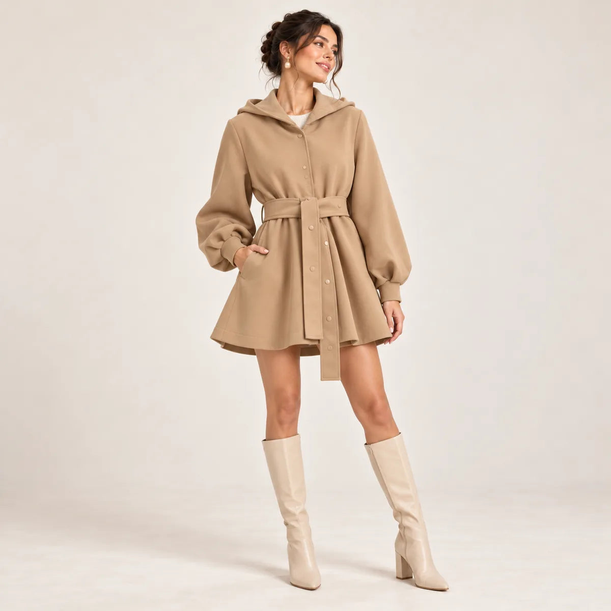 Édith — Manteau court à capuche et ceinture — Camel — classique