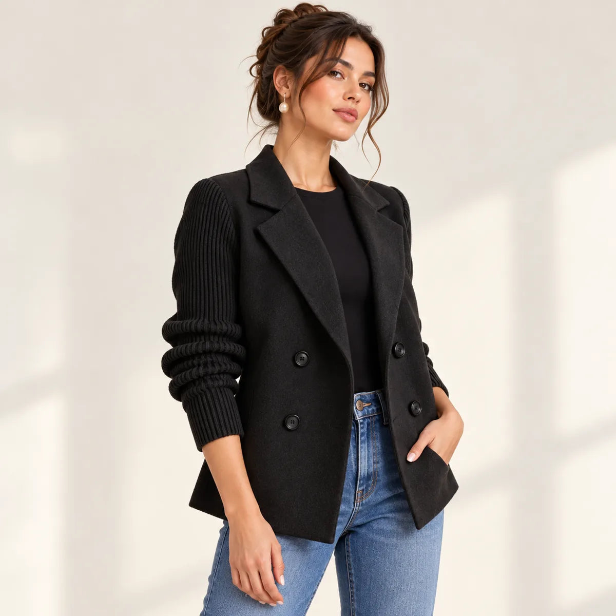 Éloïse — veste à double boutonnage et manches en maille, noir