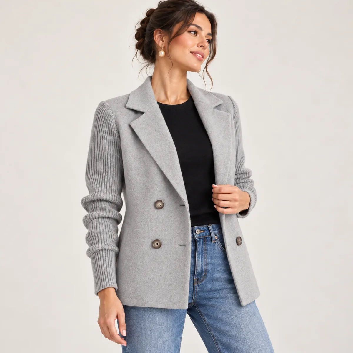 Éloïse — veste à double boutonnage et manches en maille, gris