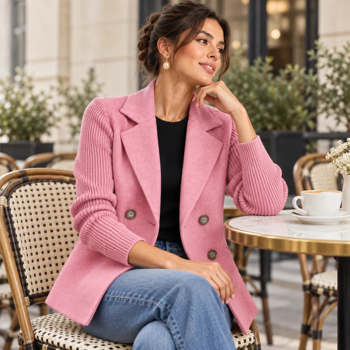 Éloïse — veste à double boutonnage et manches en maille, rose