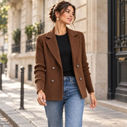 Éloïse — veste marron foncé en mouvement