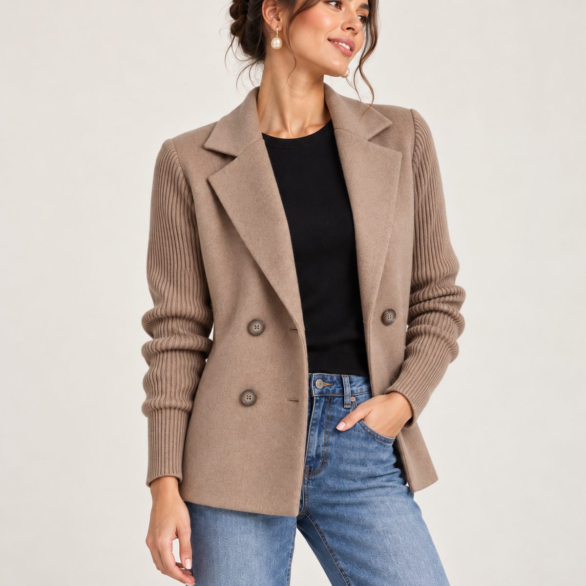 Éloïse — veste taupe à manches côtelées