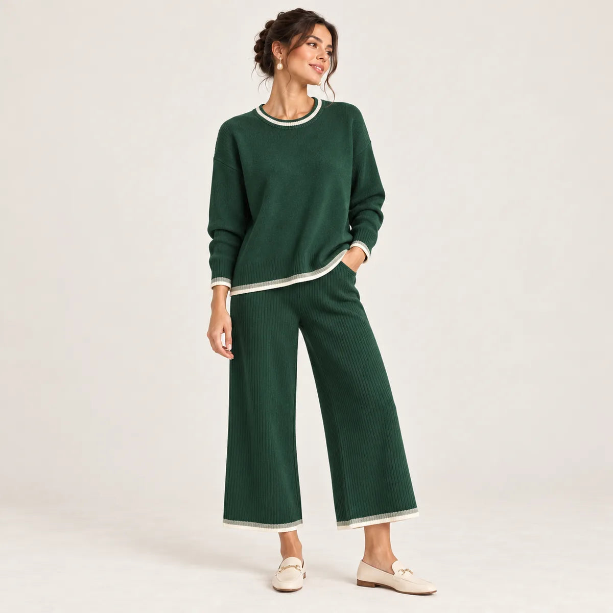 Émilie — Ensemble à pantalon ample et finitions contrastantes — Vert