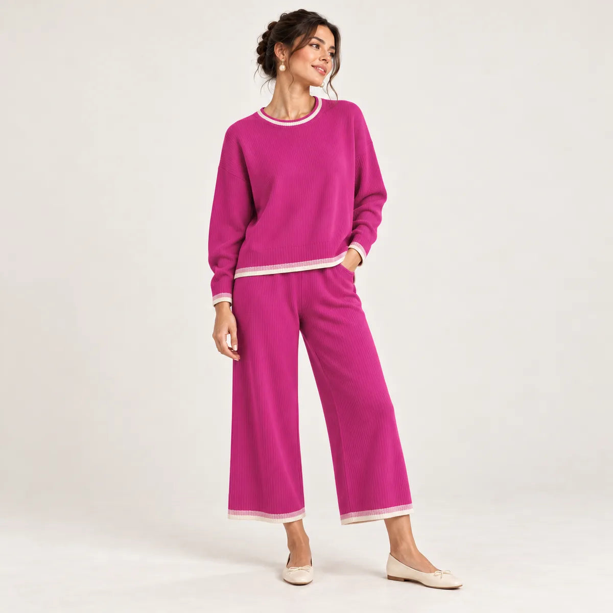 Émilie — Ensemble à pantalon ample et finitions contrastantes — Fuchsia