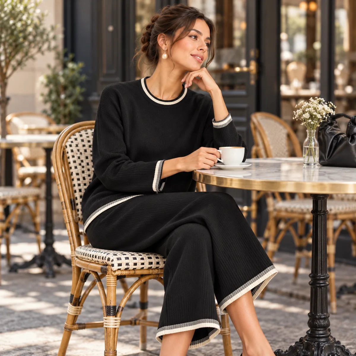 Émilie — Ensemble à pantalon ample et finitions contrastantes — mise en situation à Paris
