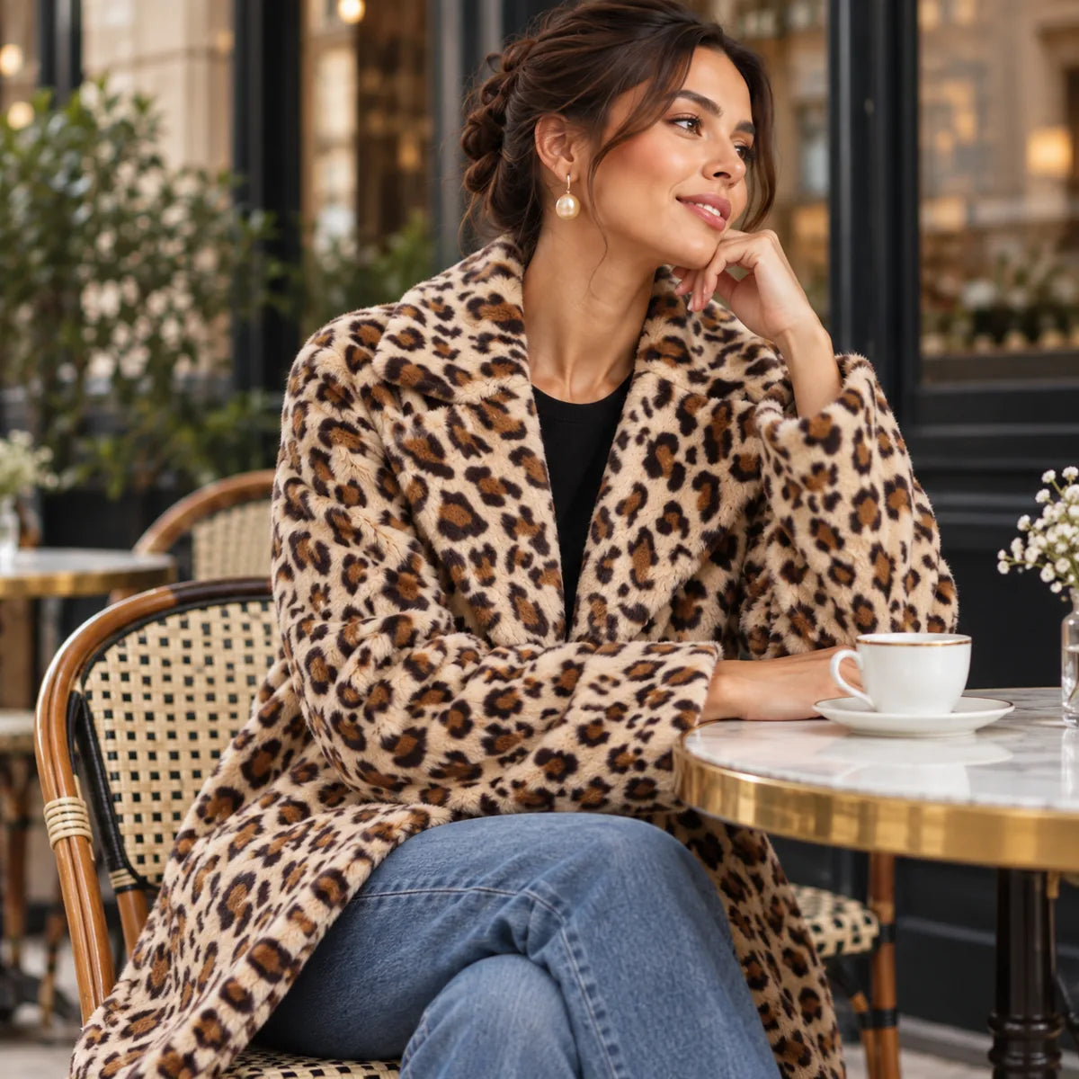 Féline — manteau léopard porté en terrasse