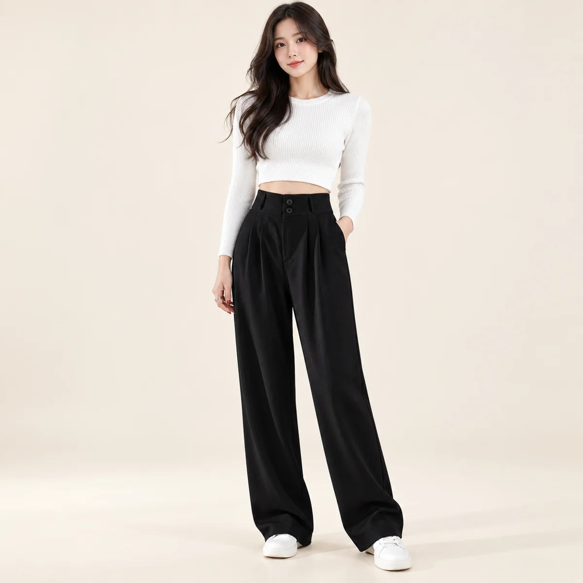 Flore — Pantalon long plissé à taille haute — Noir — longueur allongée