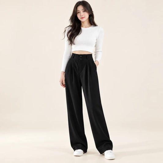 Flore — Pantalon long plissé à taille haute — Noir — longueur allongée