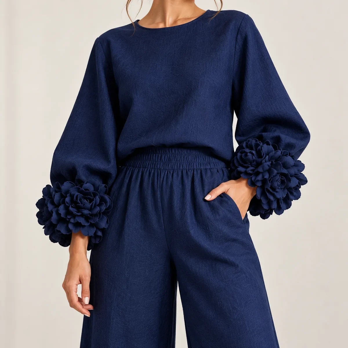 Ensemble Floréa bleu marine — taille élastiquée et poche latérale