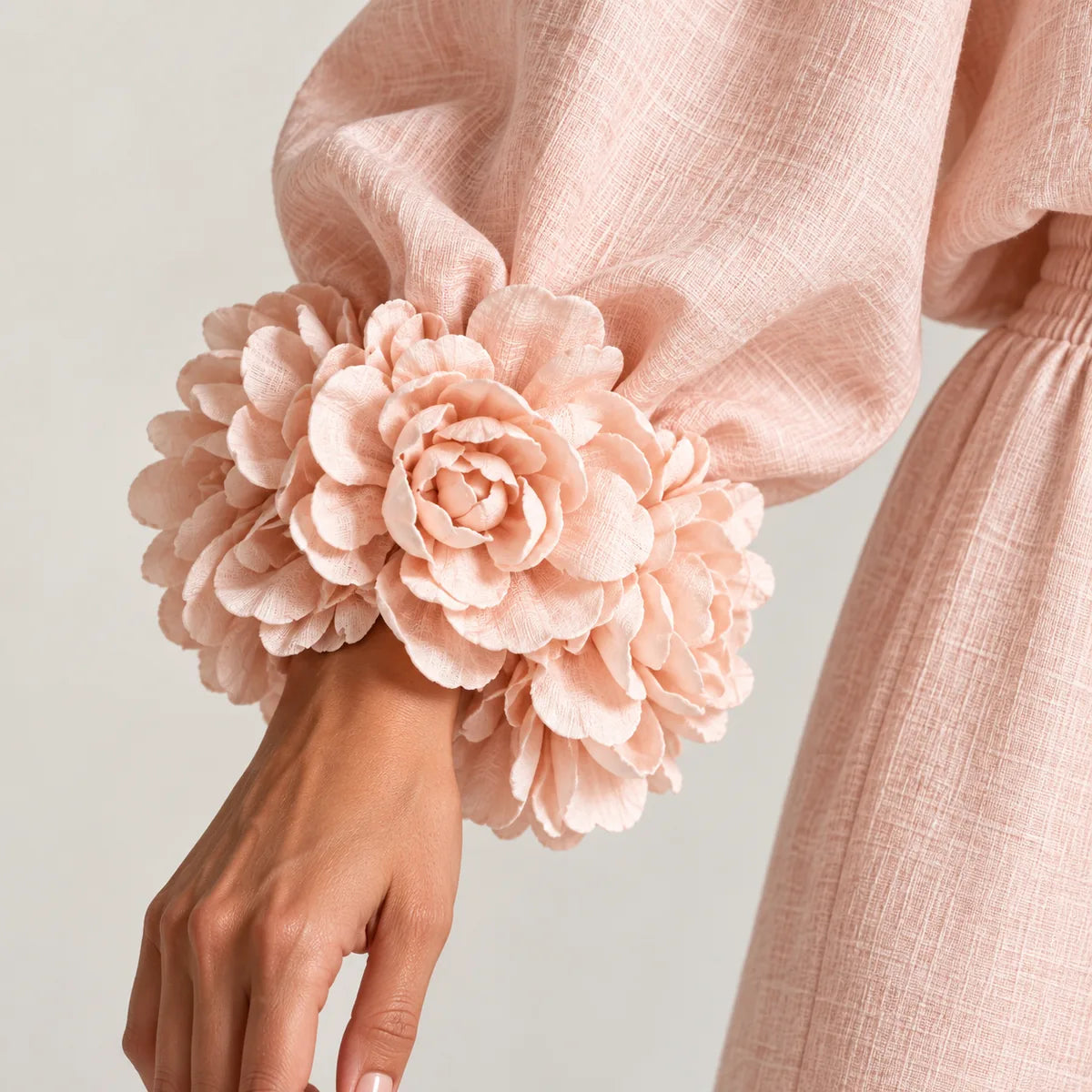 Floréa rose poudré — détail des fleurs en tissu au poignet