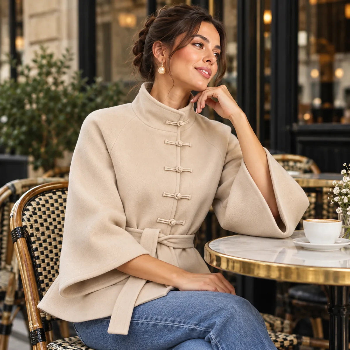 Inès — veste ivoire portée en terrasse