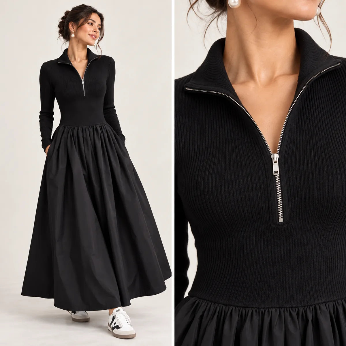 Coralie — Robe longue à col zippé et jupe plissée — détail et finition