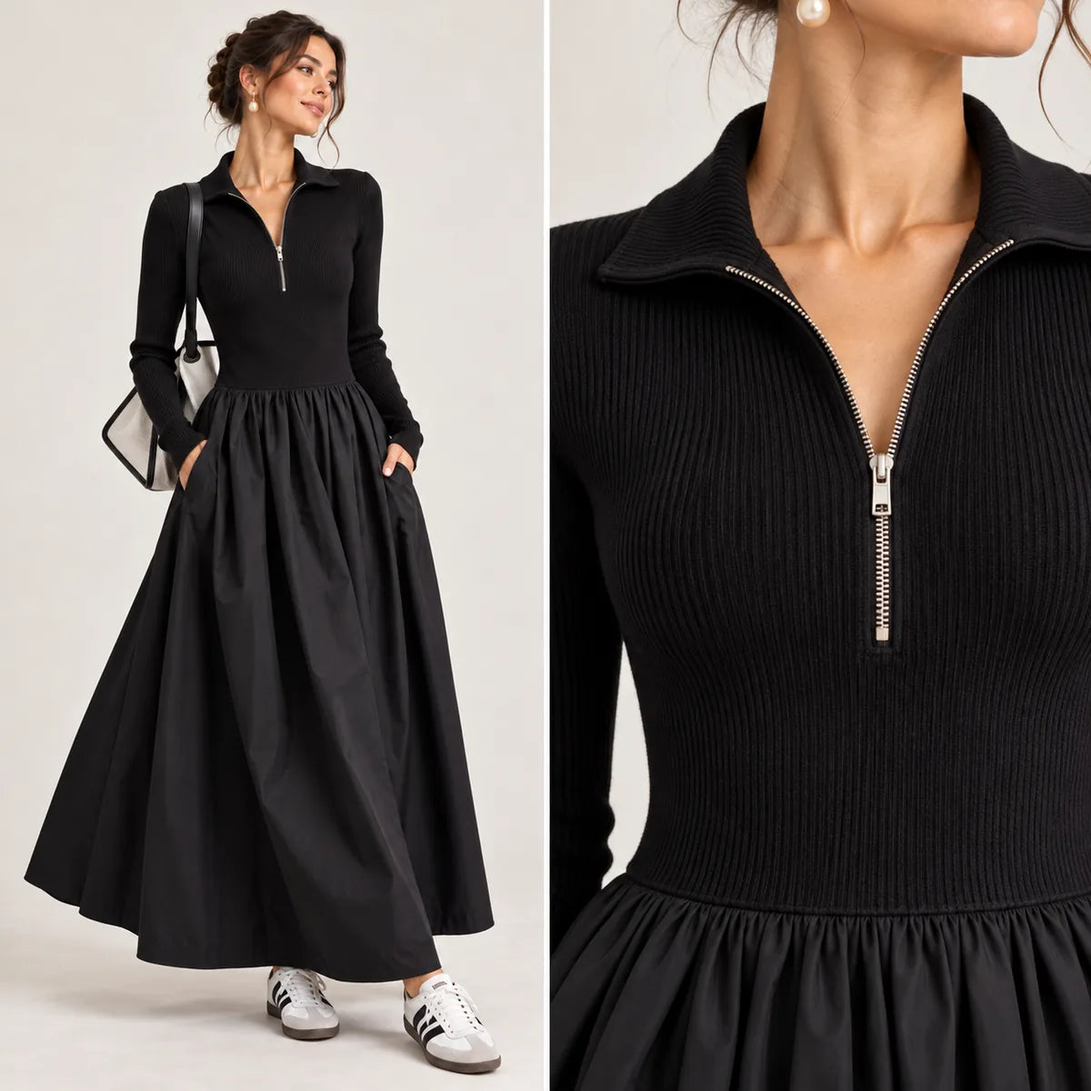 Coralie — Robe longue à col zippé et jupe plissée — détail et finition